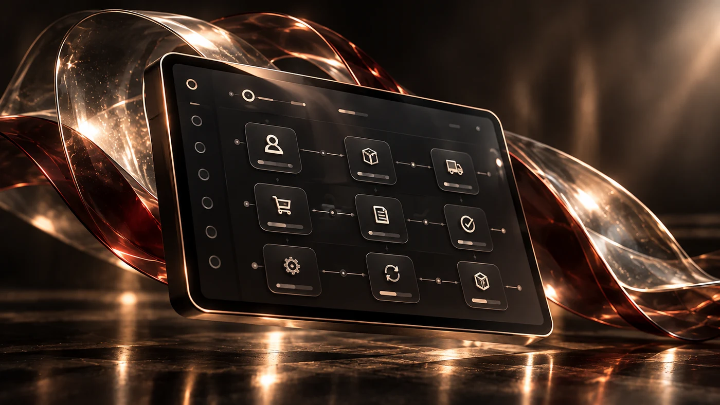 Illustration d’une interface reliant les étapes clients, commandes, documents et livraisons.